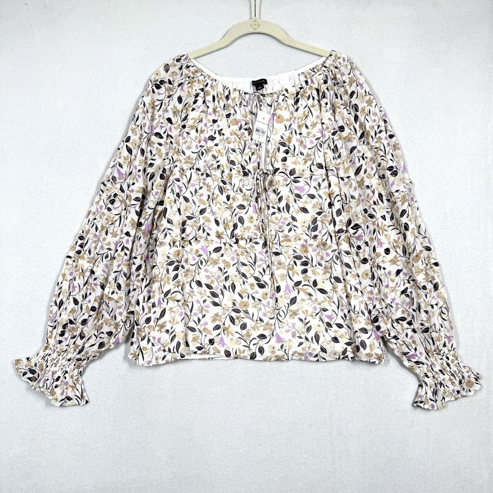 Ann Taylor Top Womens Small Floral Clip Split Neck Popover Peasant Blouse NWT